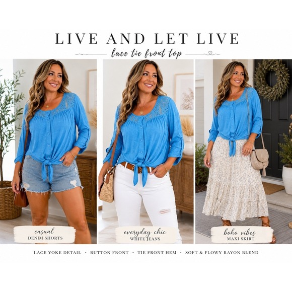 Live and let Livr Tops - Live and Let Live Top Womens 1XL Blue Lace Tie Front Button Boho Long Sleeve